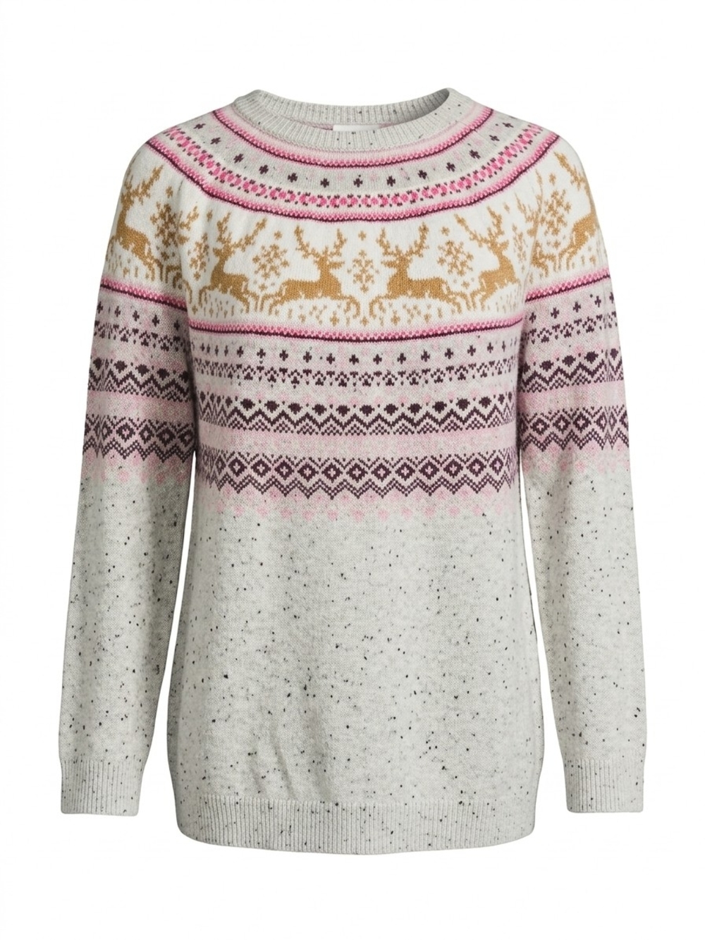 Talbots Cream Fair Isle Reindeer Crewneck Sweater with Pink & Gold Accents